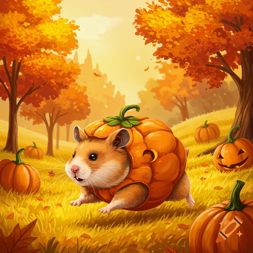 A hamster in a pumpkin costume runs through an autumn field with pumpkins.