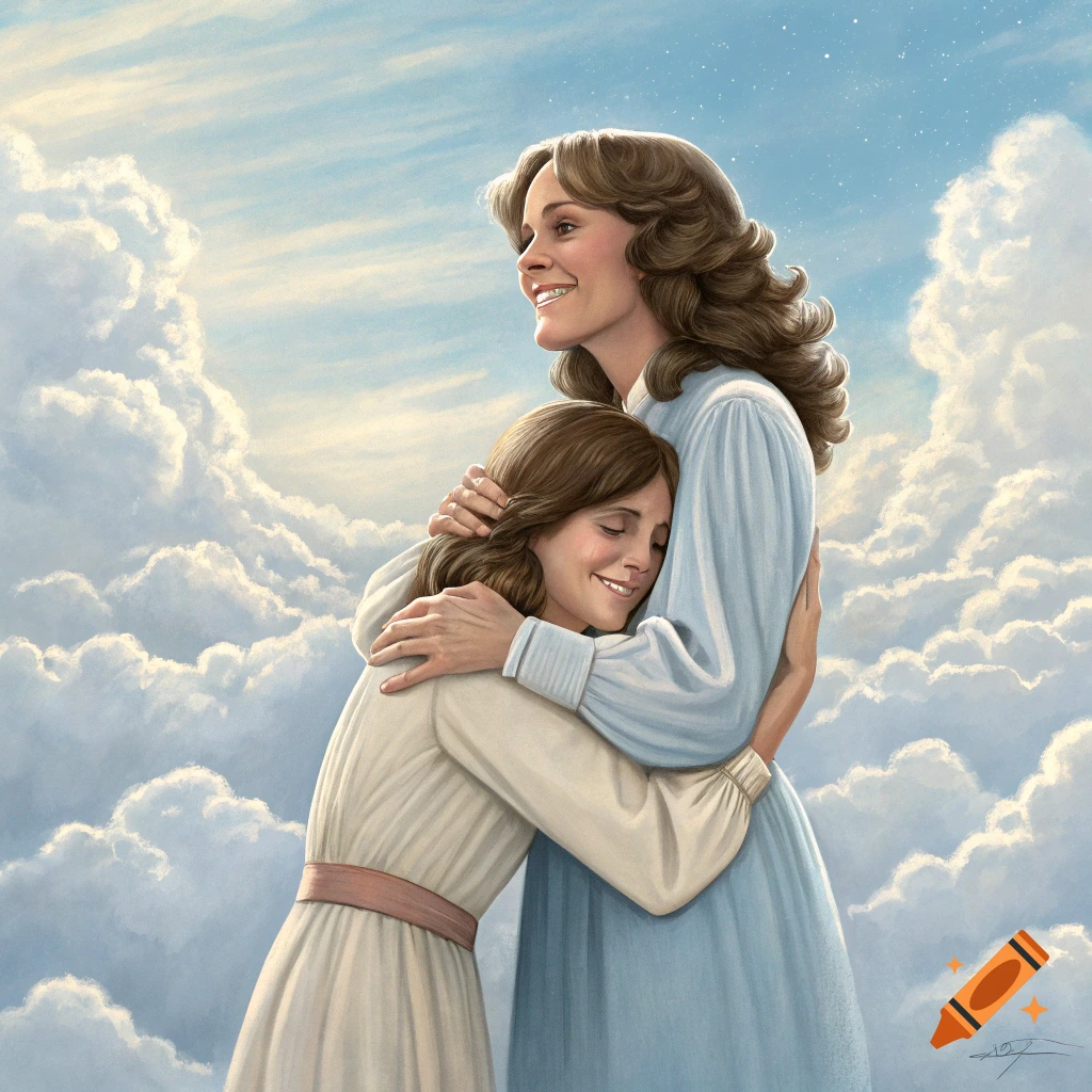 Two women embracing among clouds in a painting