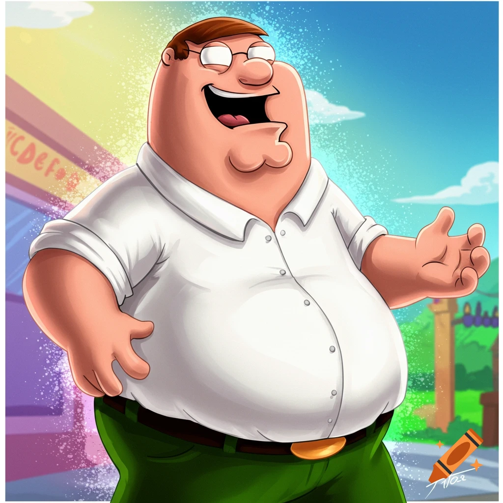 Cartoon illustration of Peter Griffin smiling and gesturing, standing outdoors.