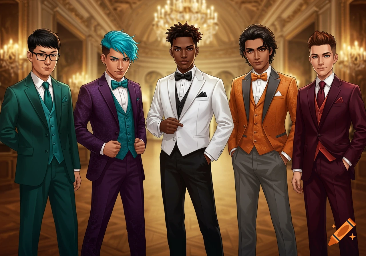 Five stylized young men in colorful tuxedos stand in a grand ballroom.