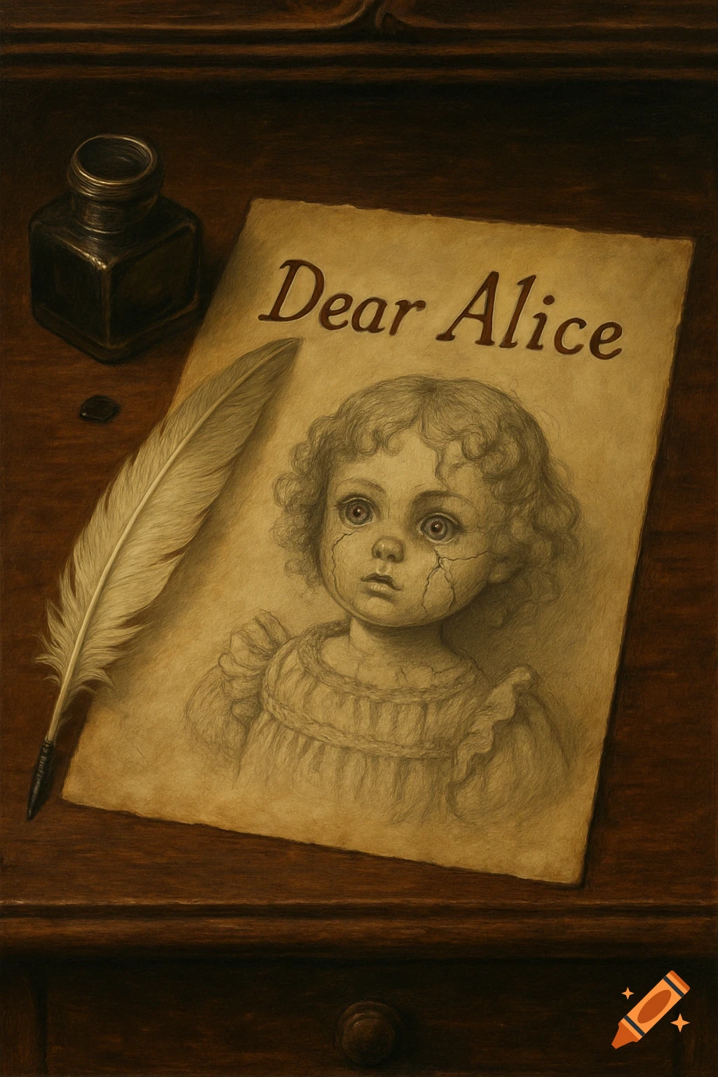 A letter 'Dear Alice' on a dark wooden desk with an ink bottle, quill, and a drawing of a cracked porcelain doll.