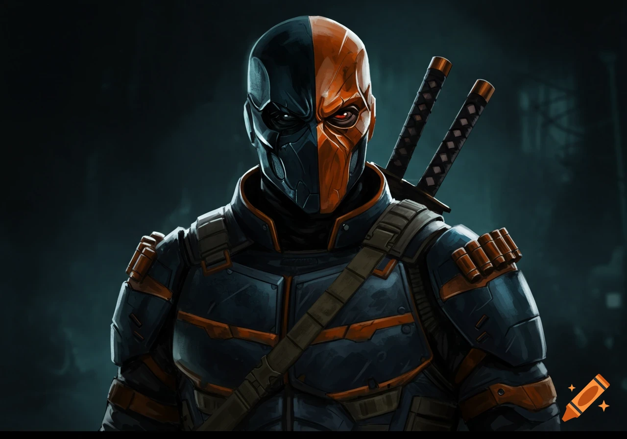 Illustration of DC Comics character Deathstroke wearing half-orange, half-black mask and armor with swords.