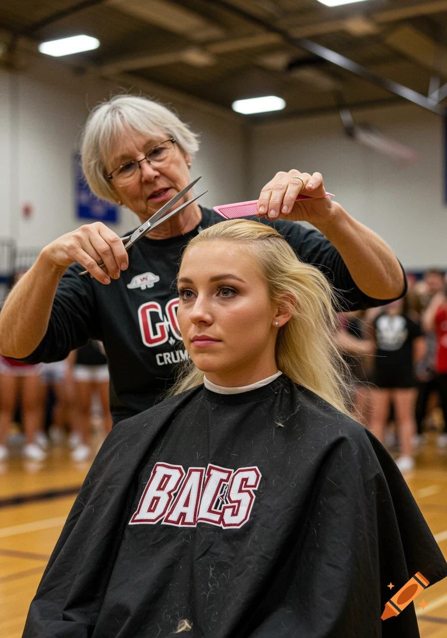 A woman gets a haircut from another woman in a gym with a crowd in the background.