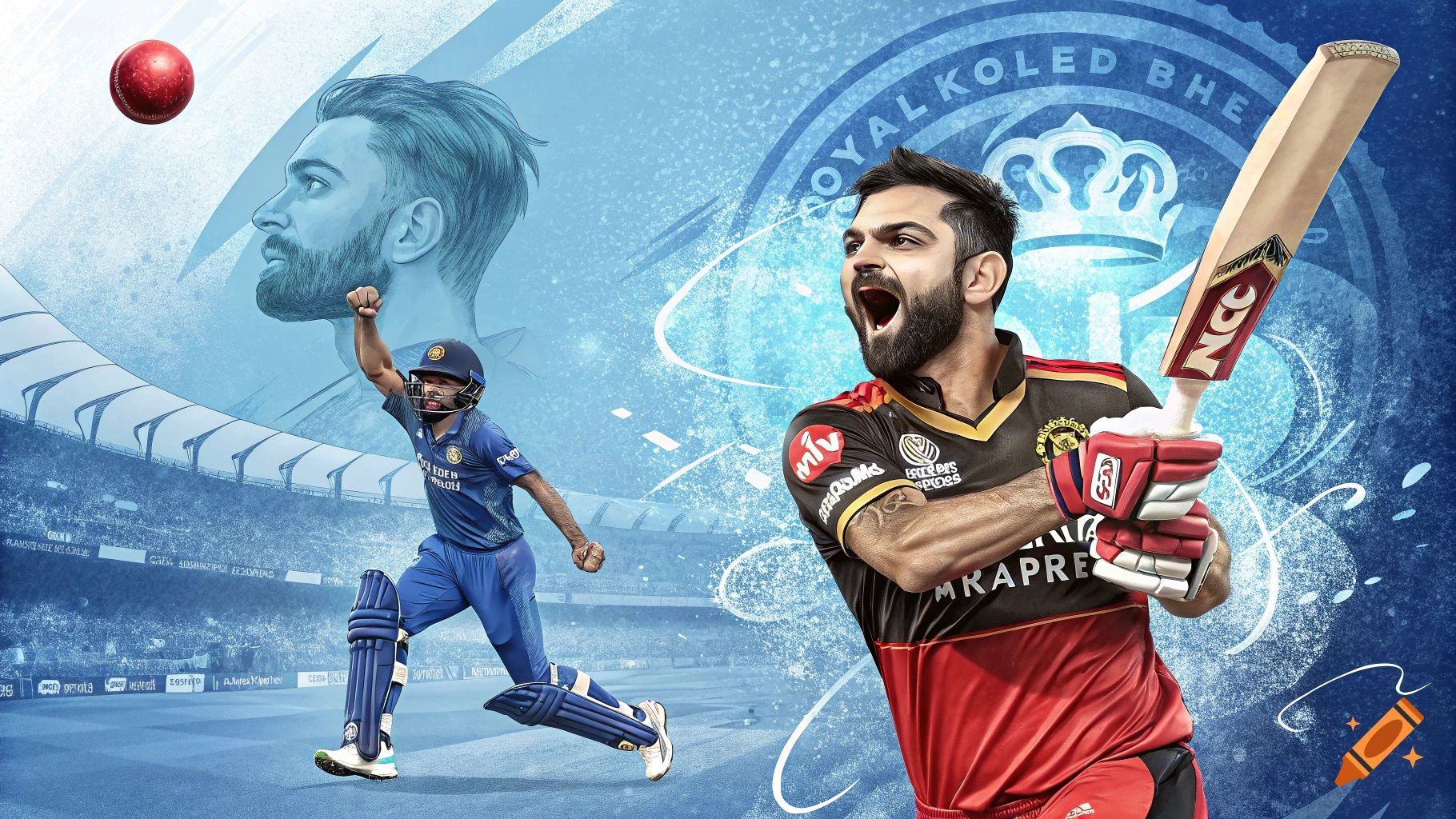 Dynamic illustration of two cricket players, one batting and one celebrating, against a stadium and abstract blue background.