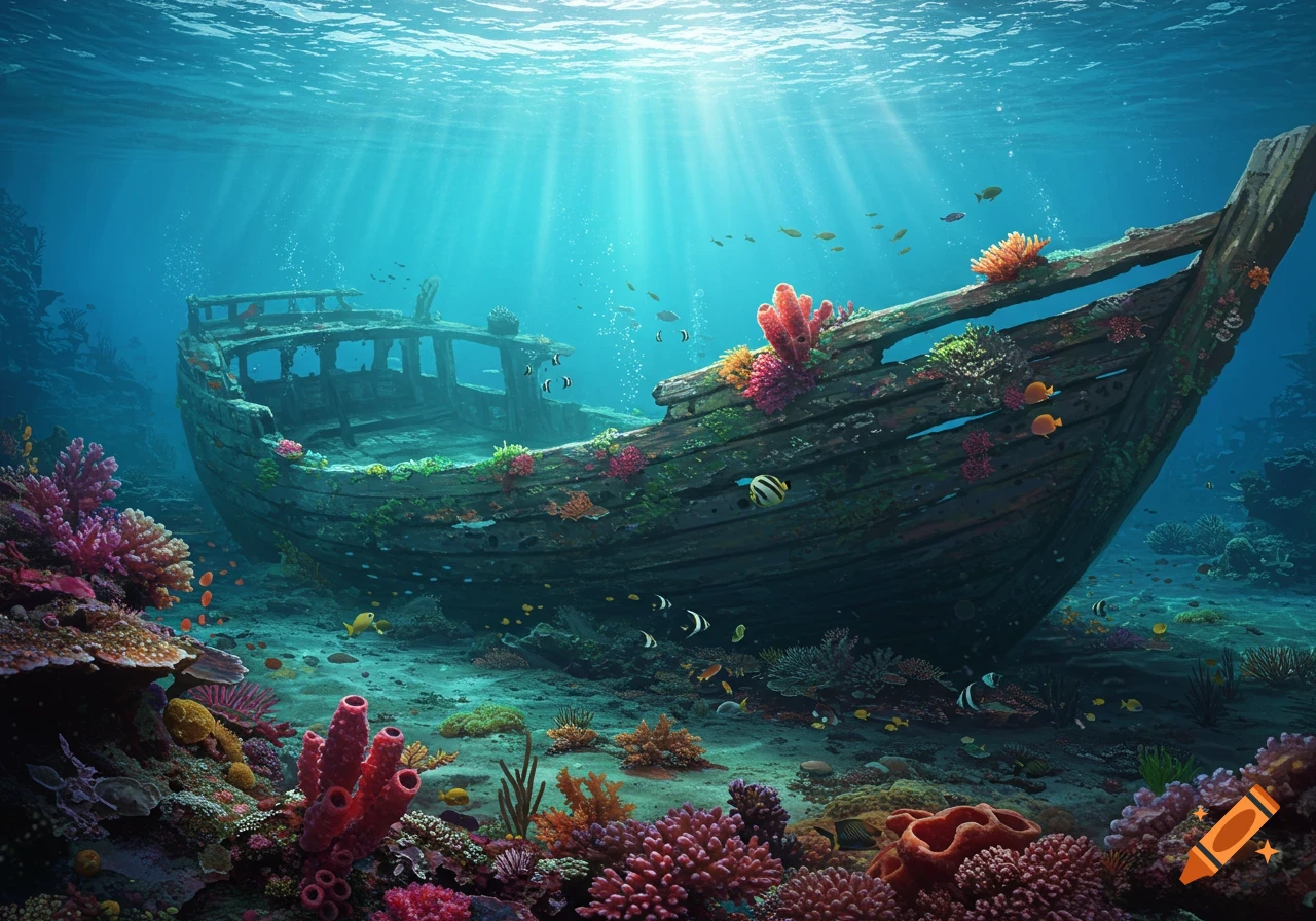 A detailed view of a shipwreck on the ocean floor surrounded by colorful coral and fish.
