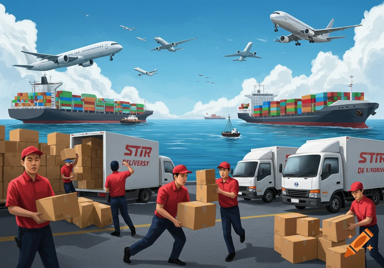 Workers load delivery trucks while cargo ships and planes transport goods.