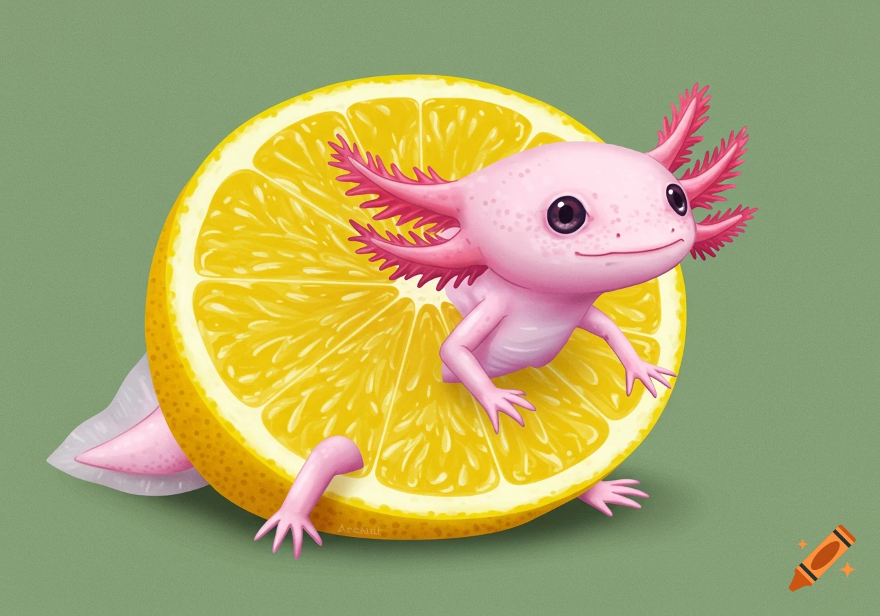 Pink axolotl emerging from a bright yellow lemon slice, illustration