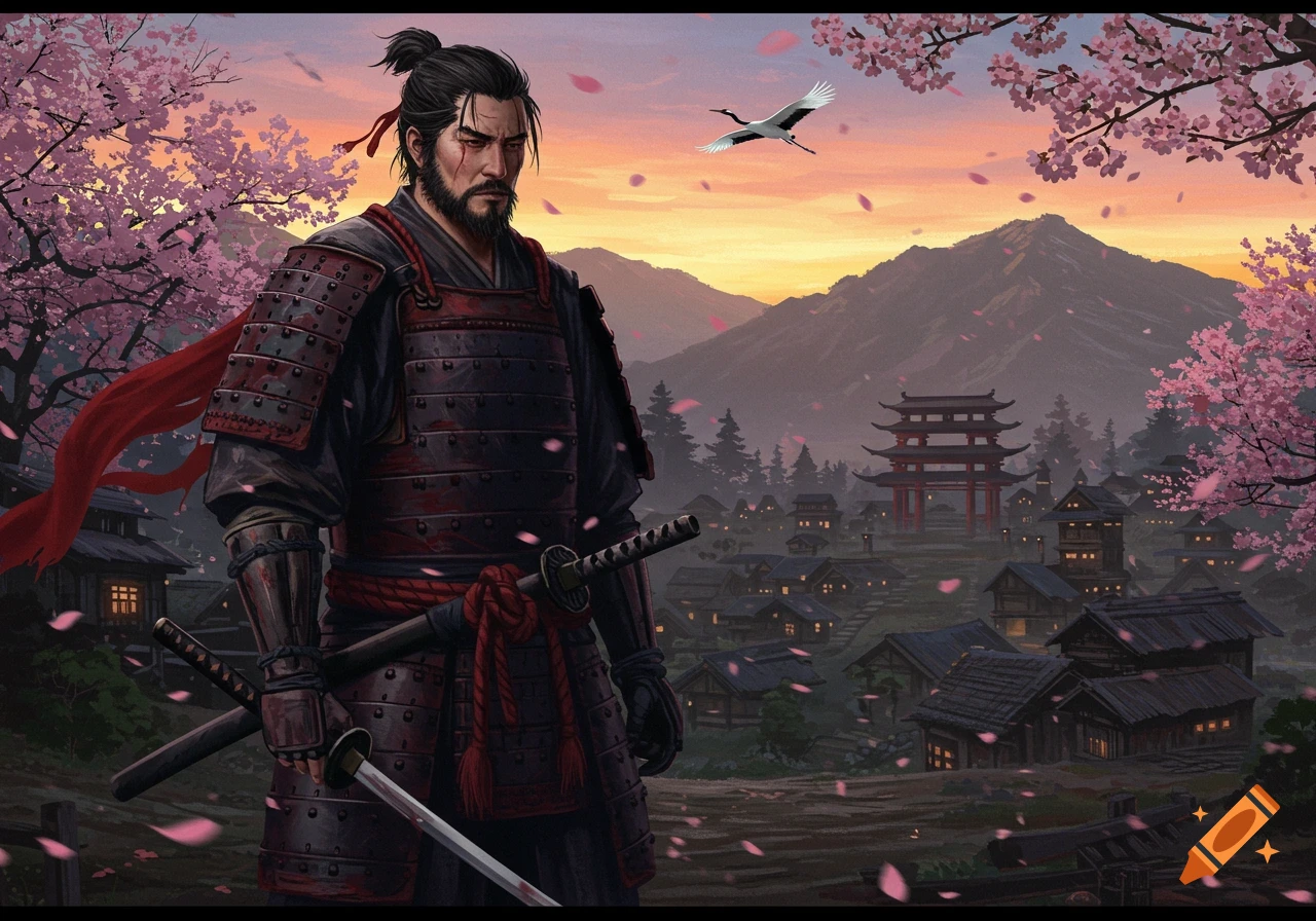 A samurai warrior in armor stands before a Japanese village at sunset with cherry blossoms and a flying crane.