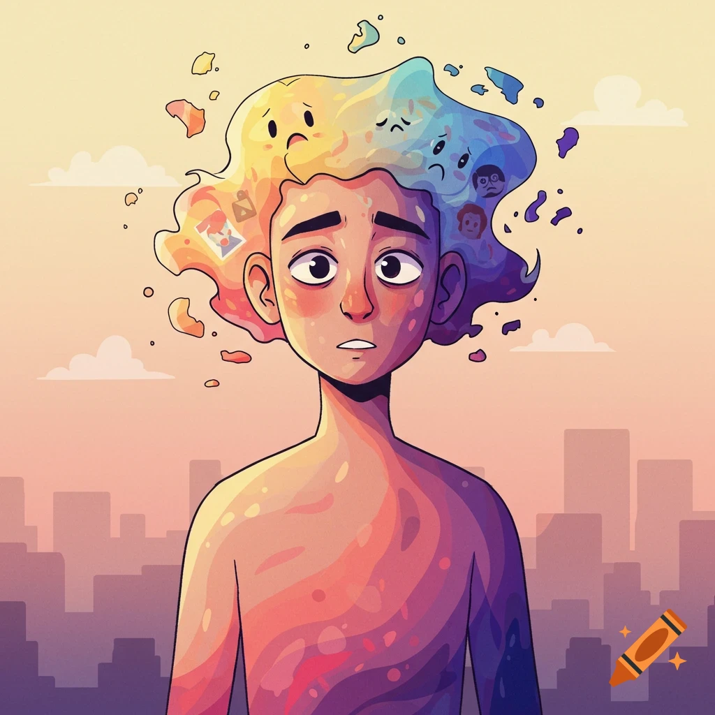 Stylized illustration of a person with colorful expressions representing thoughts floating around their head.