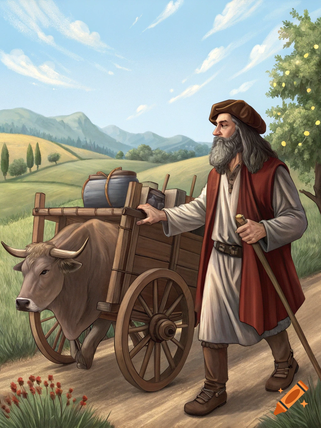 Illustration of a man resembling Leonardo da Vinci pulling an ox cart on a dirt path through a hilly landscape.