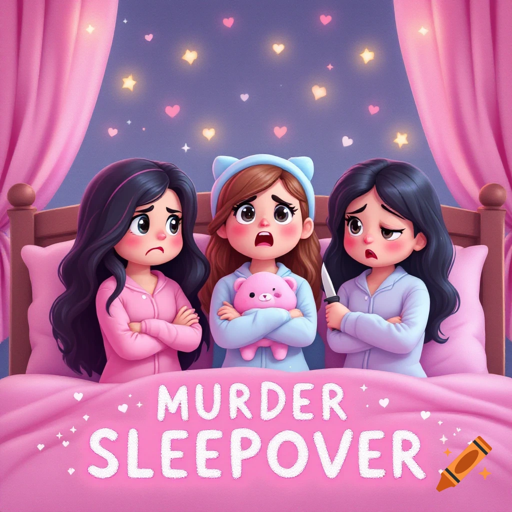 Cartoon of three girls in pajamas in bed, one with a knife, text reads MURDER SLEEPOVER. Cute style.