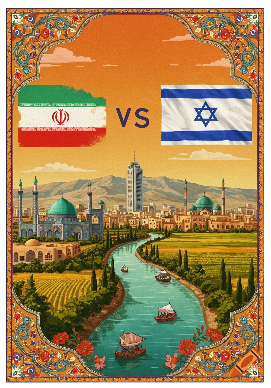 Illustration with flags of Iran and Israel separated by VS above a landscape with mosques, a river, and a city, framed by a decorative border.