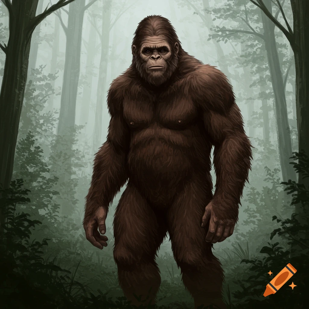 An illustration of Bigfoot standing in a foggy forest.