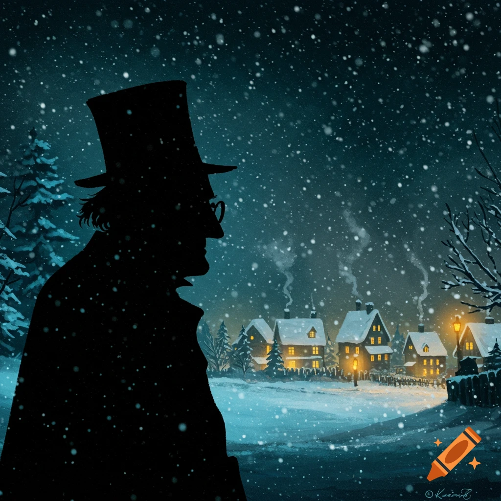 Silhouette of Scrooge looking at a snowy Victorian village at night