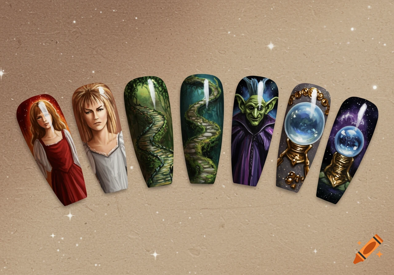 Set of six press-on nails painted with characters and scenery from the movie Labyrinth.