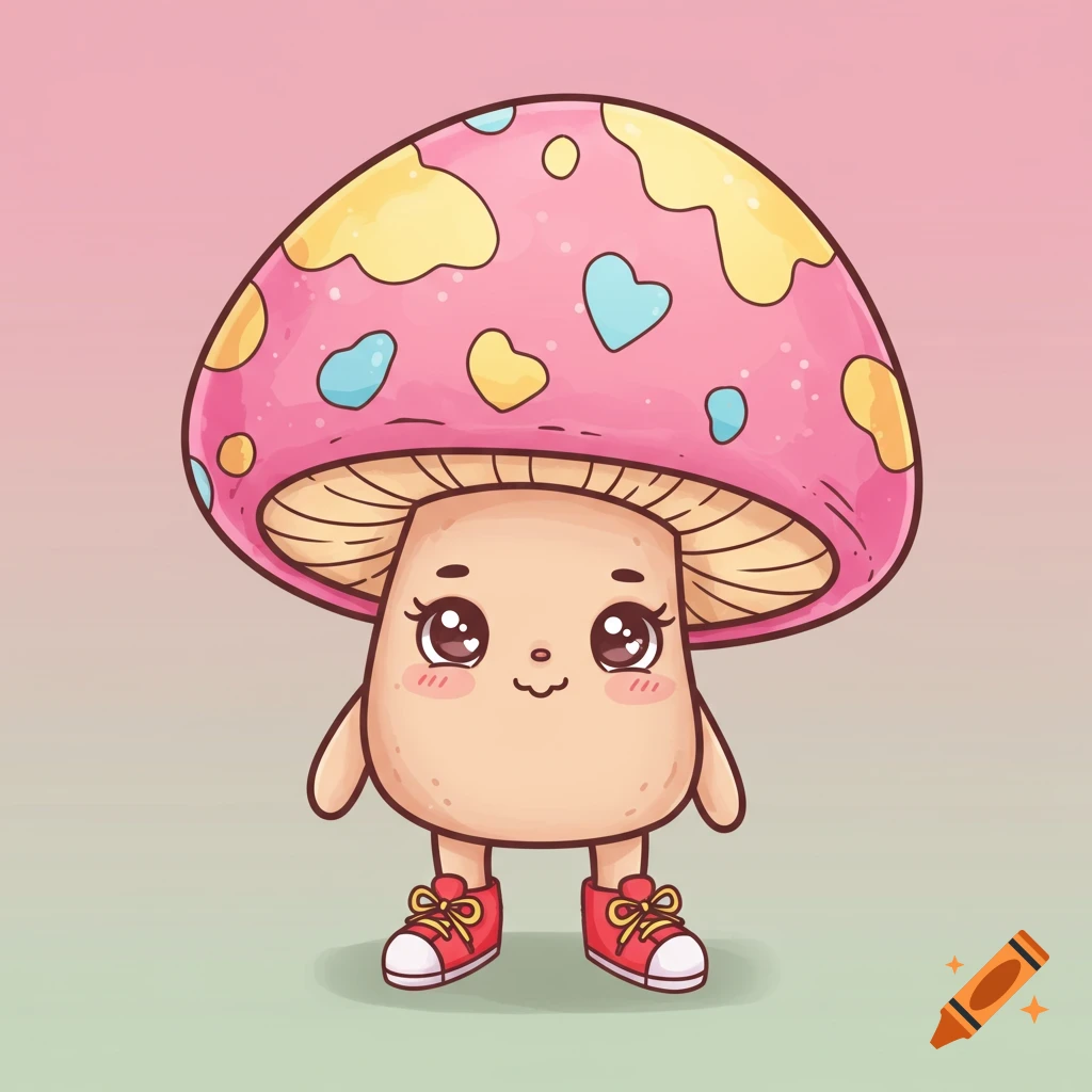 A brightly colored cartoon mushroom character wearing red shoes.