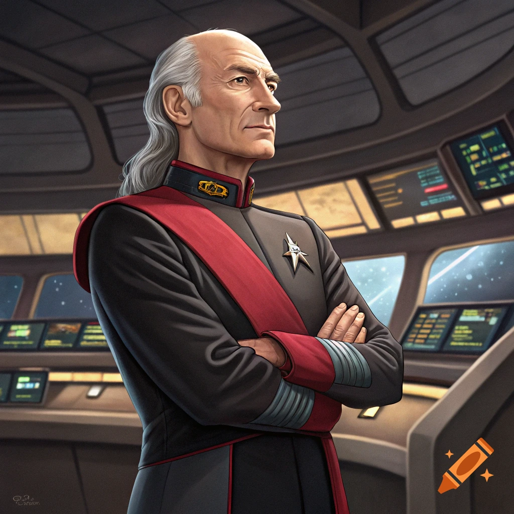 Illustration of a man resembling Captain Picard in a sci-fi uniform on a spaceship bridge.