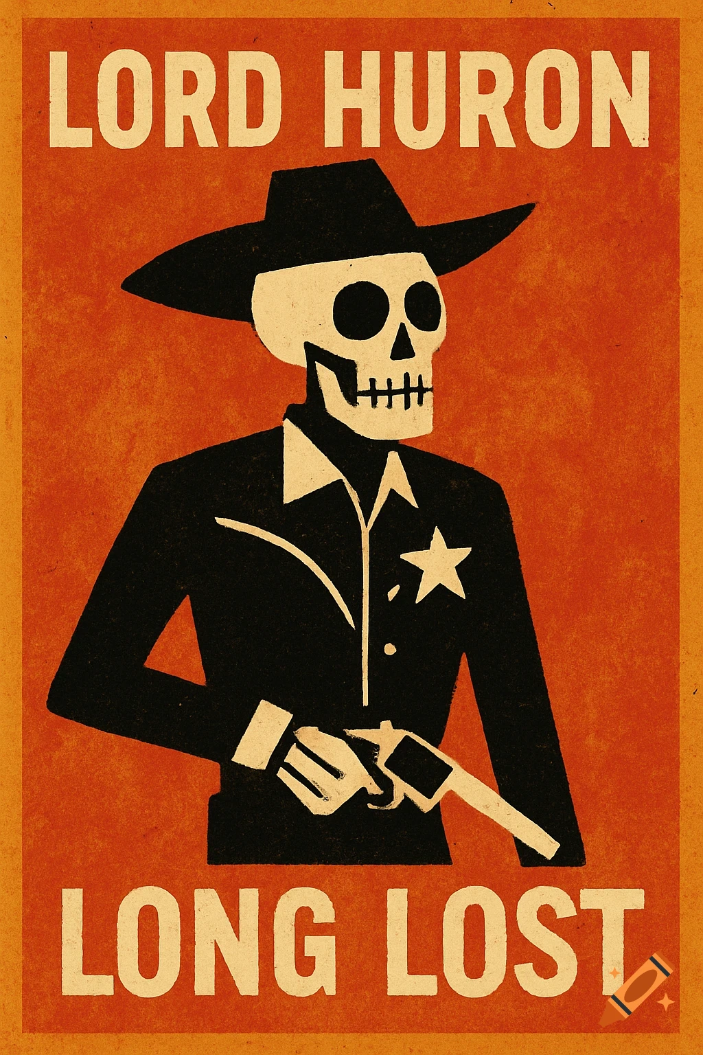 Saul Bass style poster with an orange background and a black and white illustration of a skeleton cowboy holding a gun. Text reads "LORD HURON" and "LONG LOST".