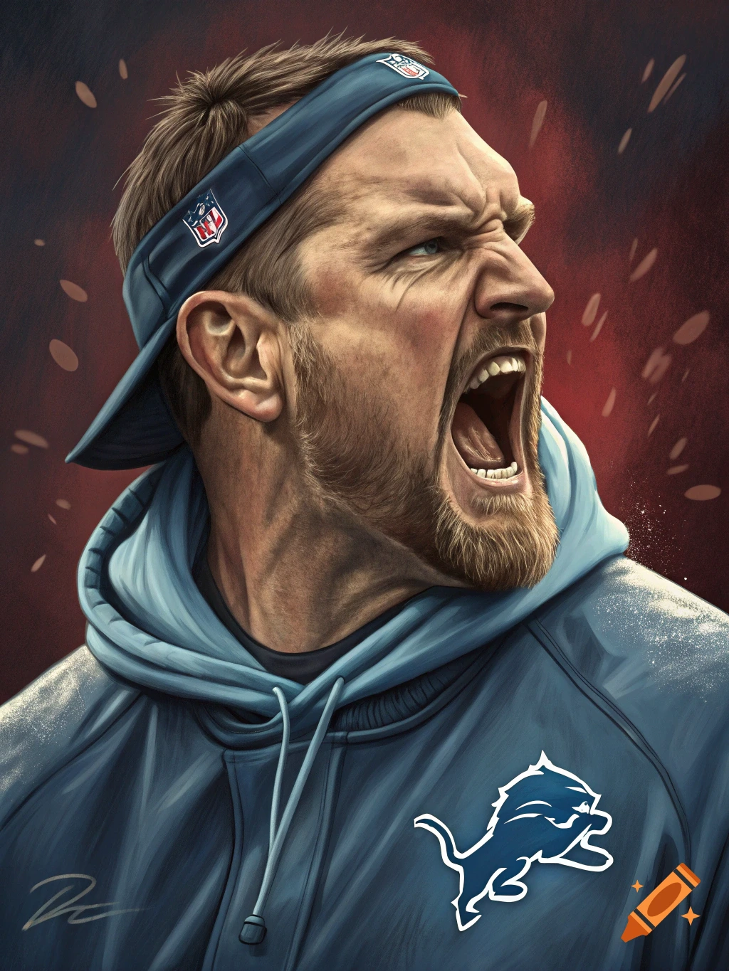 Illustrated portrait of a man in a Detroit Lions hoodie and headband shouting with intensity