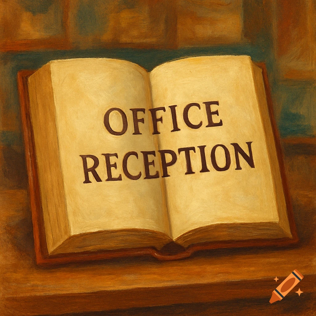 An open book with the words Office Reception on the pages, in a painted style.