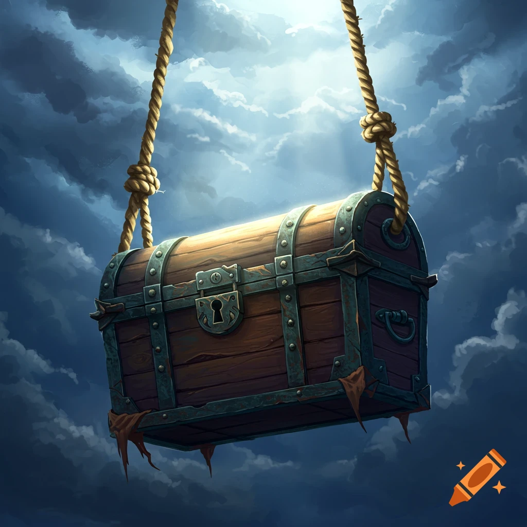 A detailed illustration of a wooden treasure chest hanging from ropes in the clouds with light shining down.