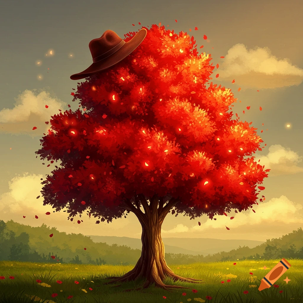 A vibrant red tree topped with a cowboy hat stands in a grassy field under a cloudy sky.