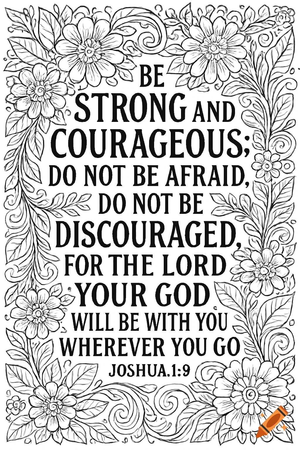 Black and white coloring page with a floral border surrounding the Bible verse Joshua 1:9.