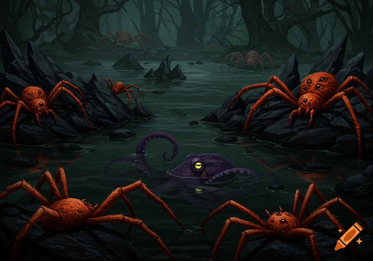 Fantasy illustration of spiders with multiple eyes and an octopus in a dark swamp.