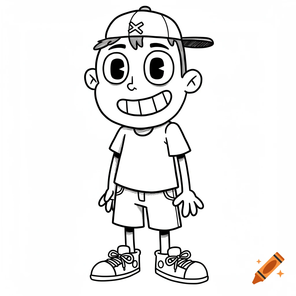 Cartoon black and white line art of a boy with a big head, large eyes and smile, wearing a cap, shirt, shorts, and large shoes.