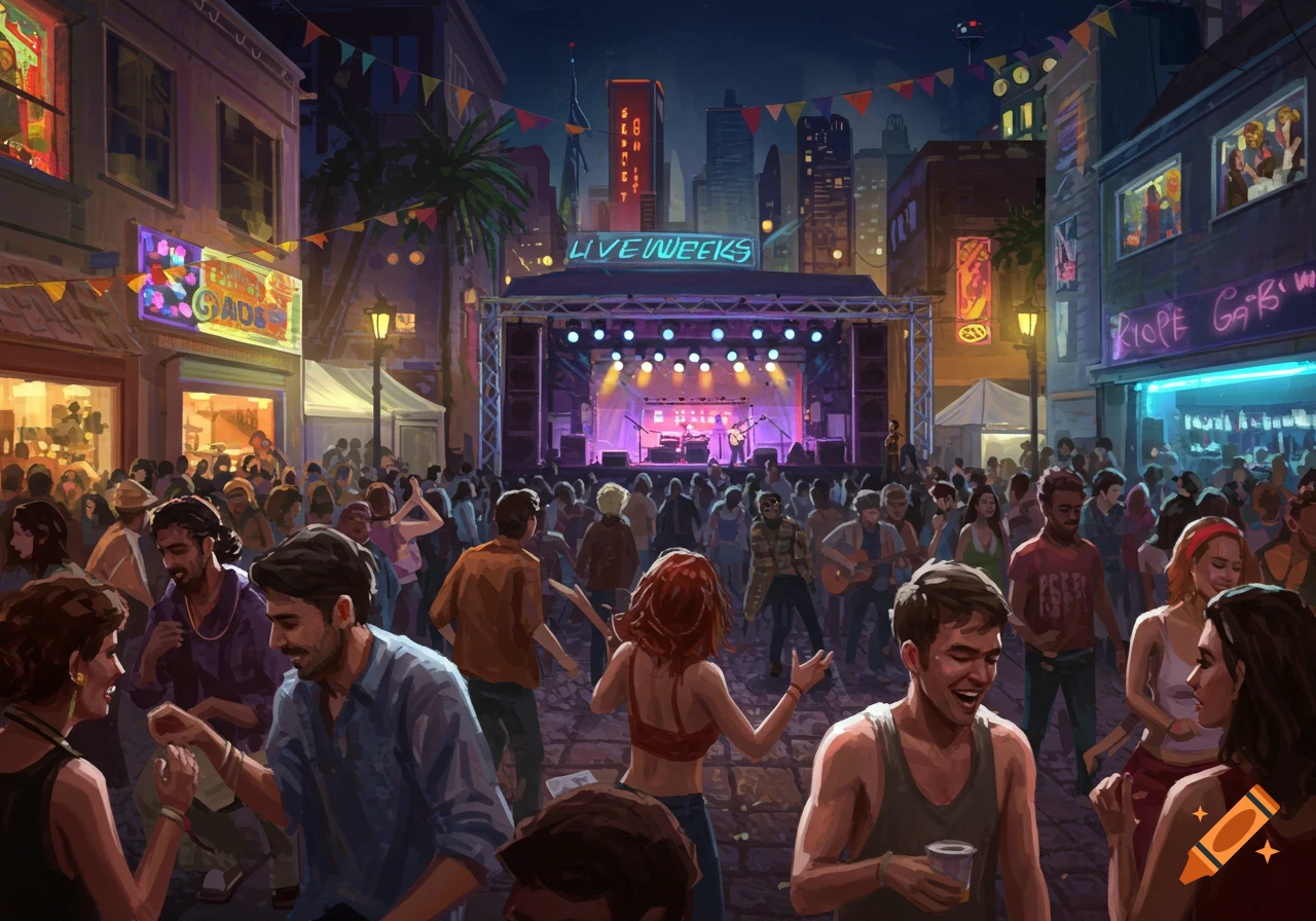 An outdoor music concert on a city street at night with a band on stage and a large crowd.