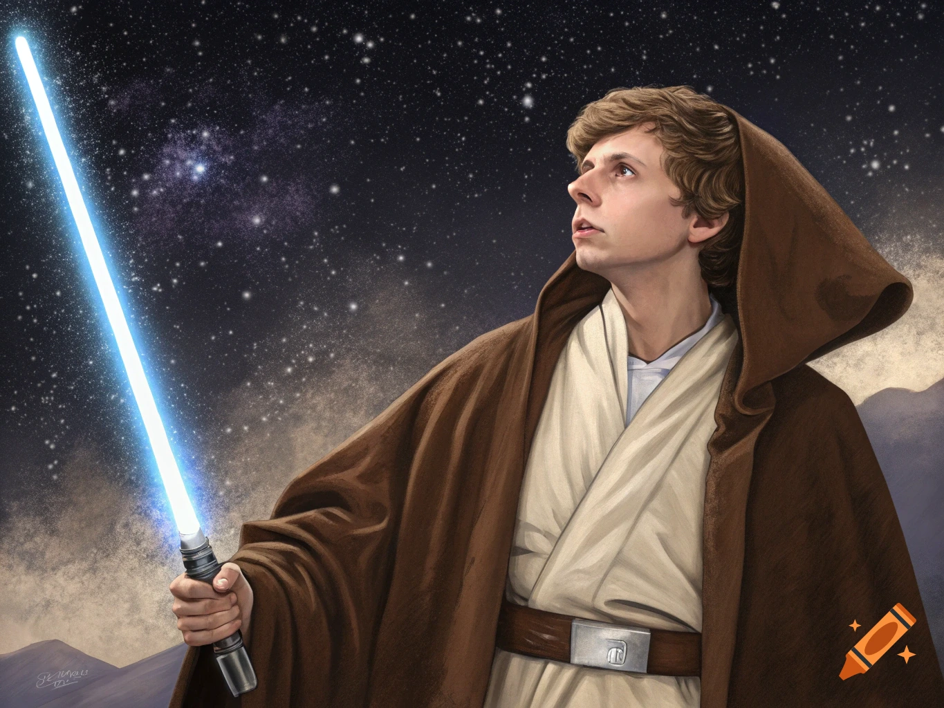 Painting of a person resembling Michael Cera dressed as a Jedi holding a blue lightsaber in space.