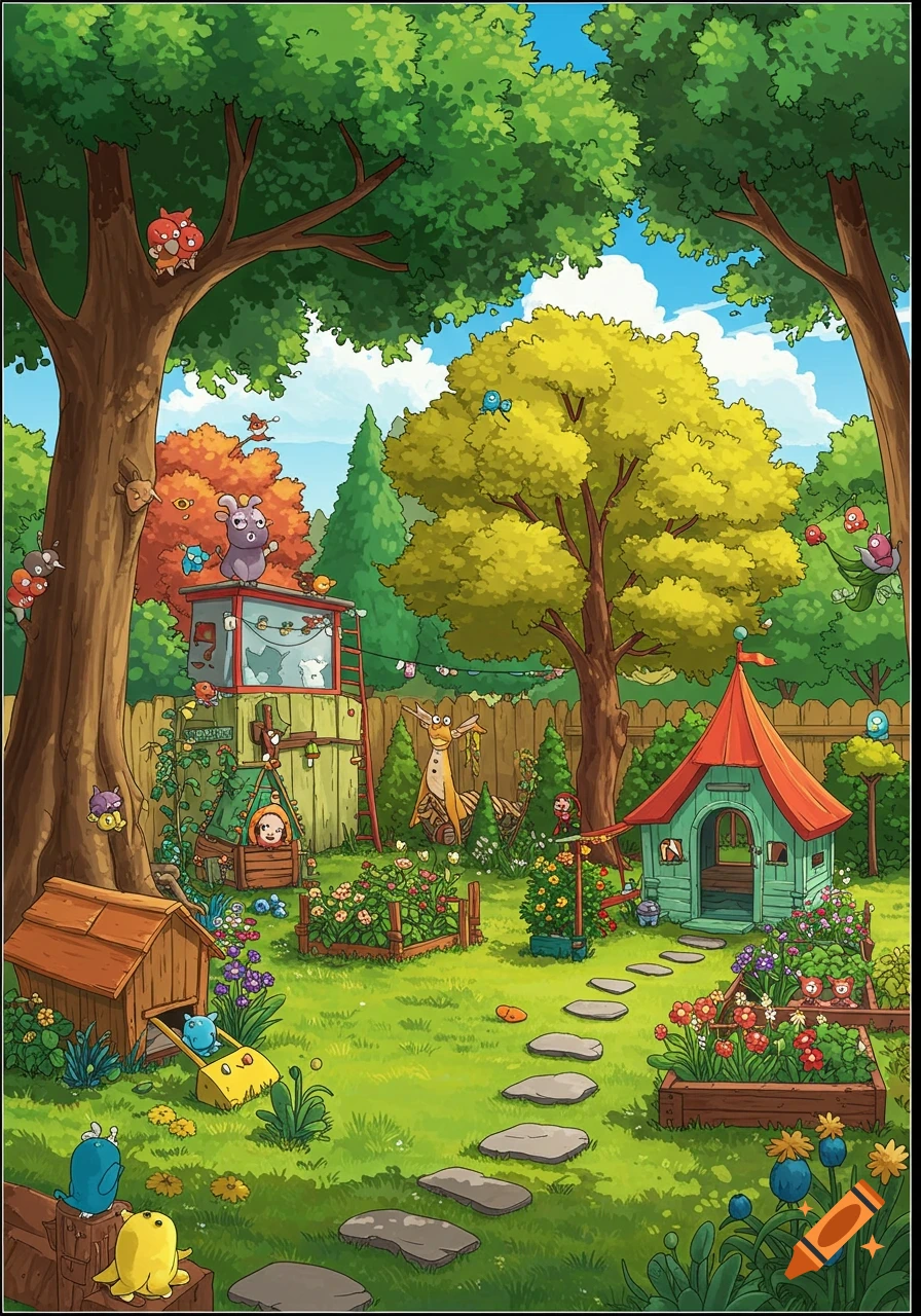 A whimsical cartoon illustration of a colorful backyard with creatures, gardens, playhouses, and trees.