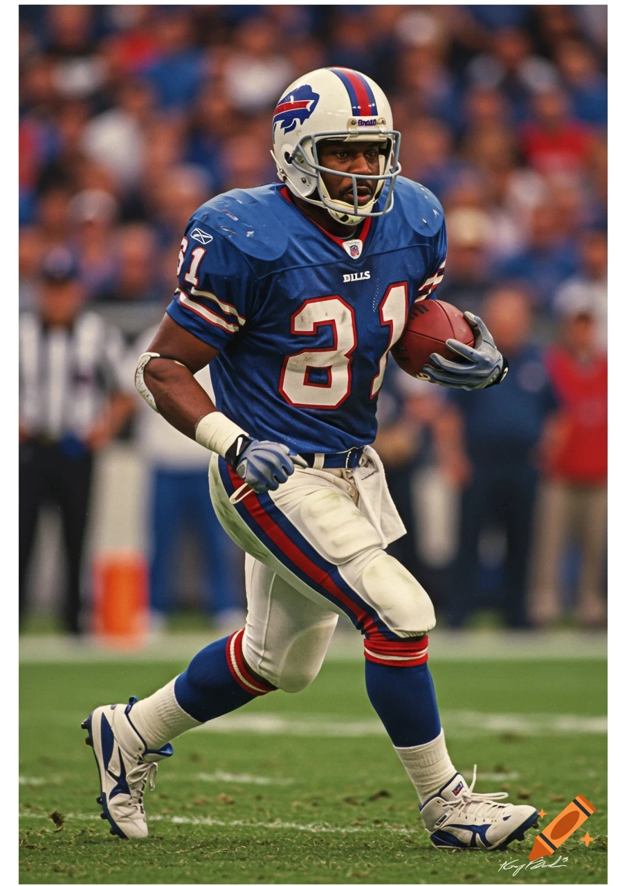 Buffalo Bills football player running with the ball on the field during a game.