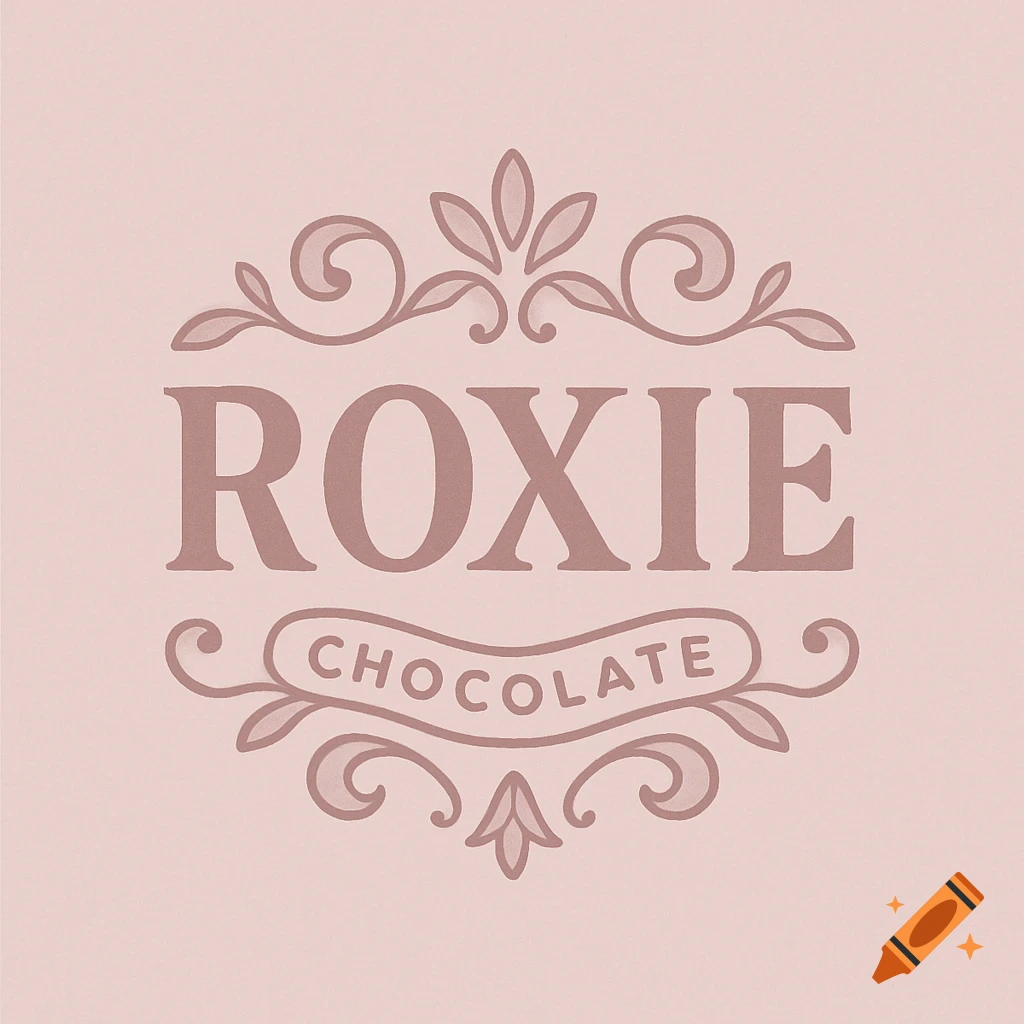 Logo for Roxie Chocolate in pastel pink, with ornate frame