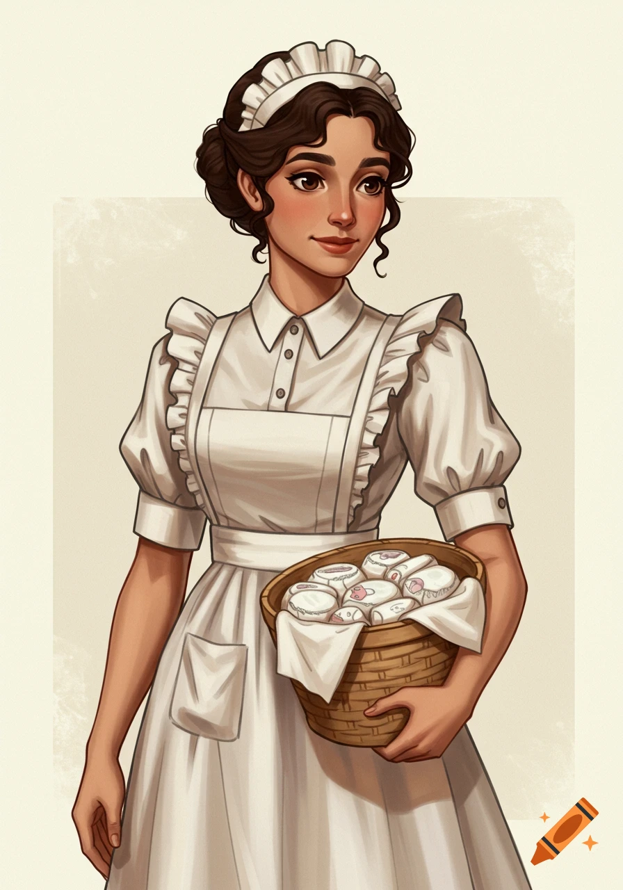 Digital illustration of a woman in a maid uniform holding a basket of white items.
