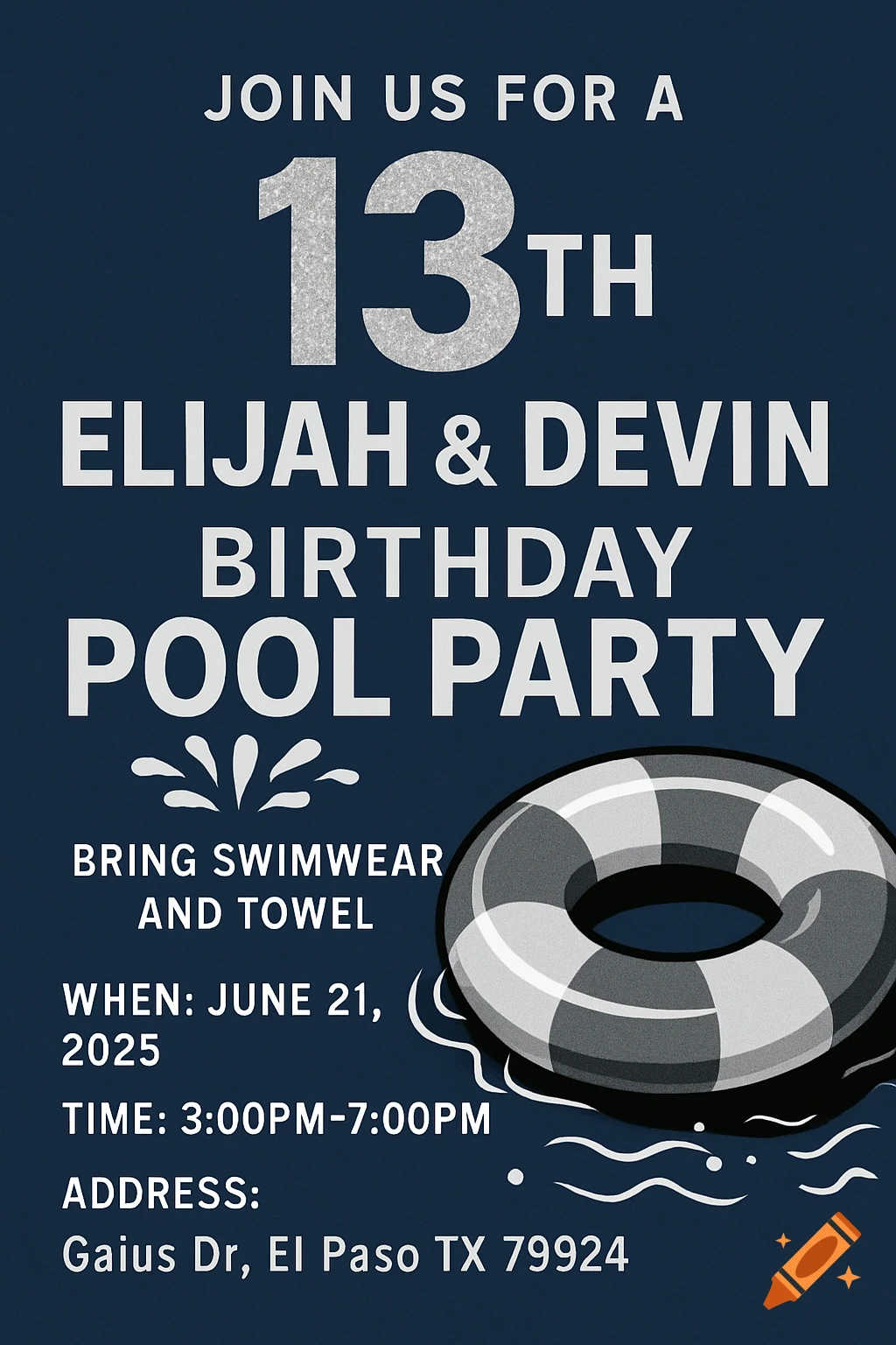 A birthday pool party invitation for a 13th birthday.