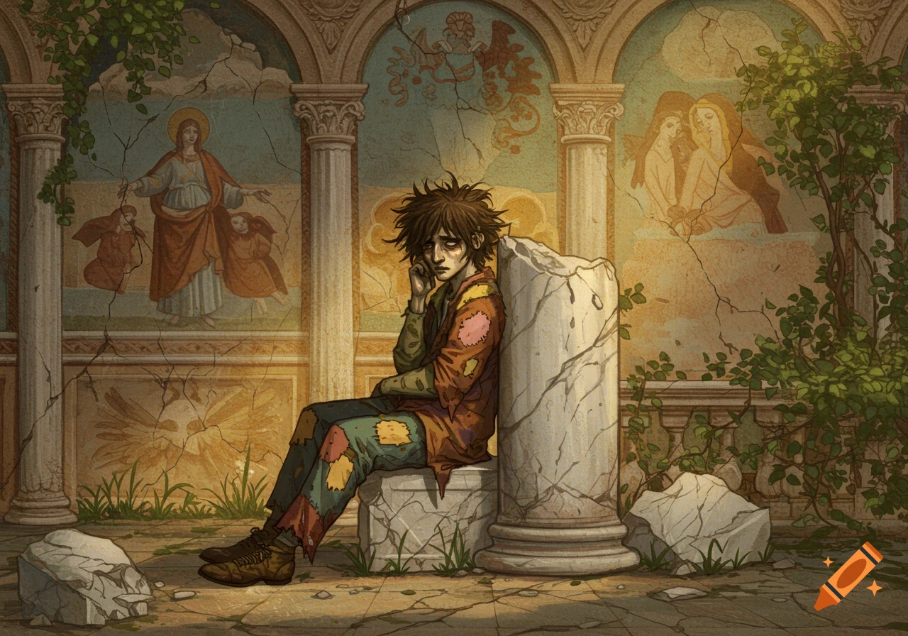 Illustration of a scruffy man sitting by a broken column in ancient ruins with damaged frescoes.