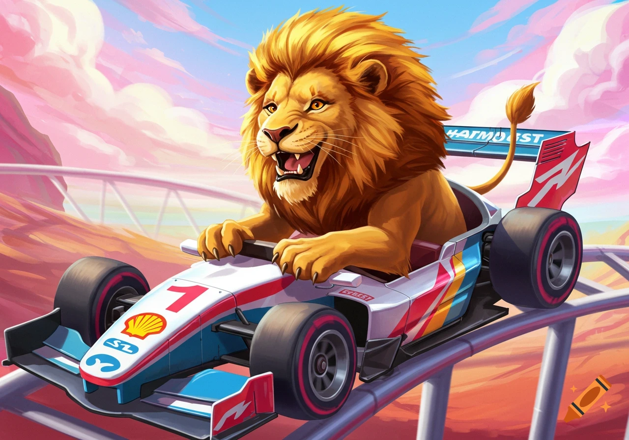 Cartoon lion drives F1 race car on a roller coaster track. on Craiyon