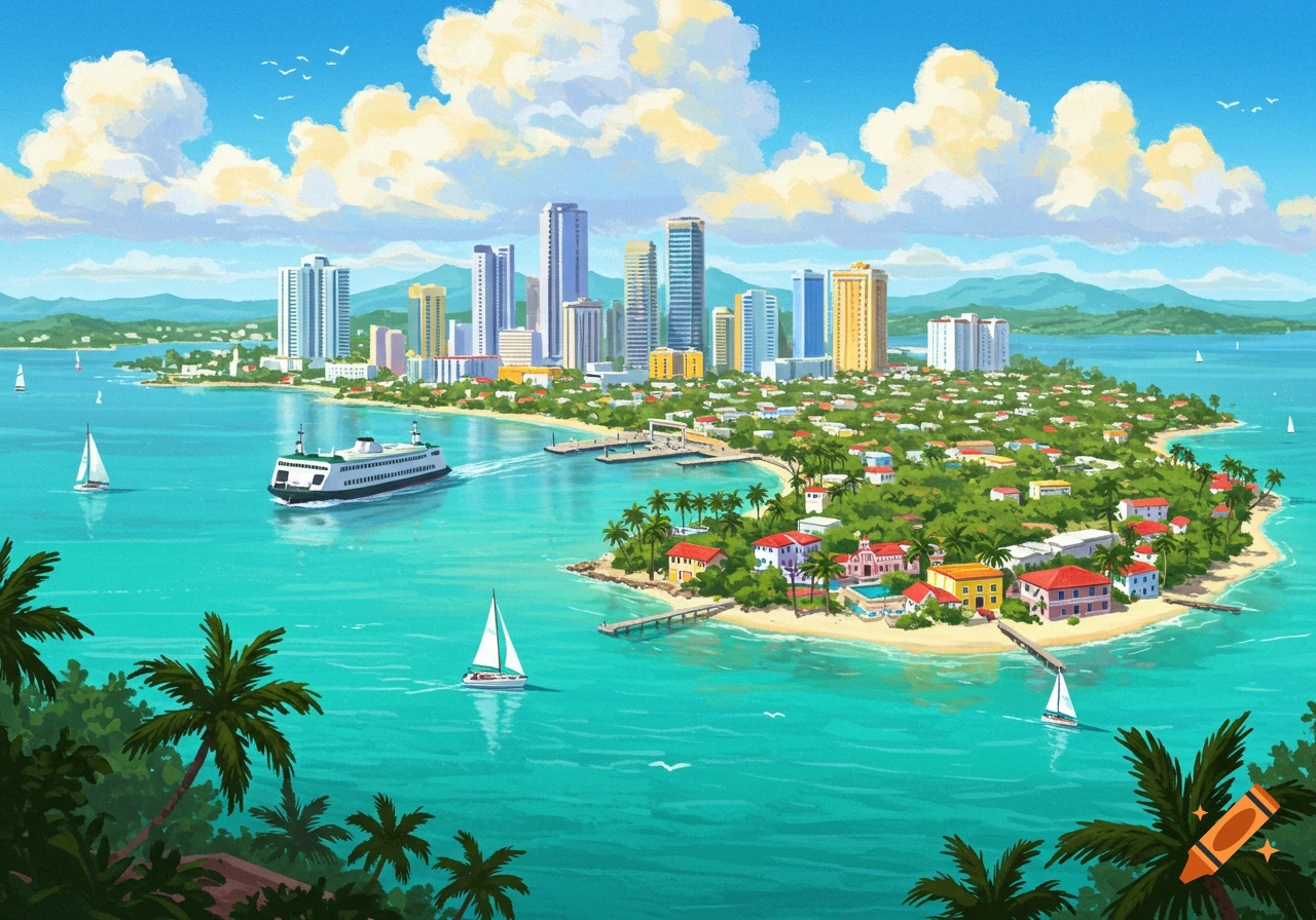 Tropical island city from the water with buildings, ferry, sailboats, and palm trees under a cloudy sky.