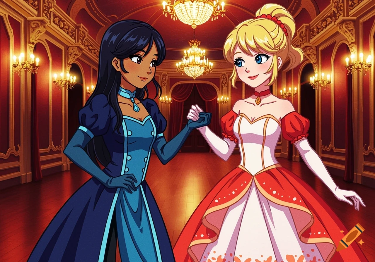 Two anime girls in elaborate dresses hold hands in an opulent ballroom.