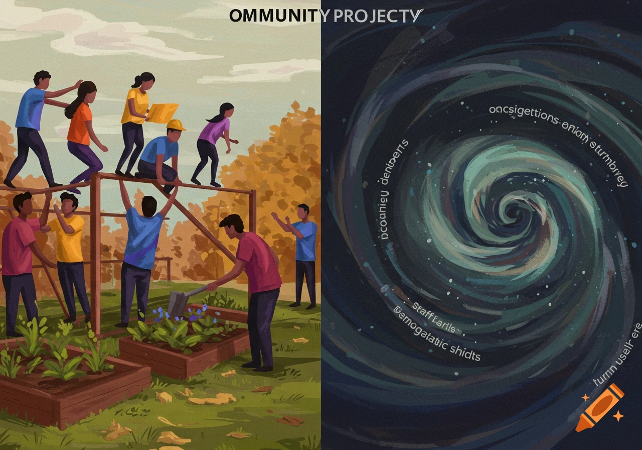Illustrative split image: people building and gardening on the left, swirling space vortex with text on the right.