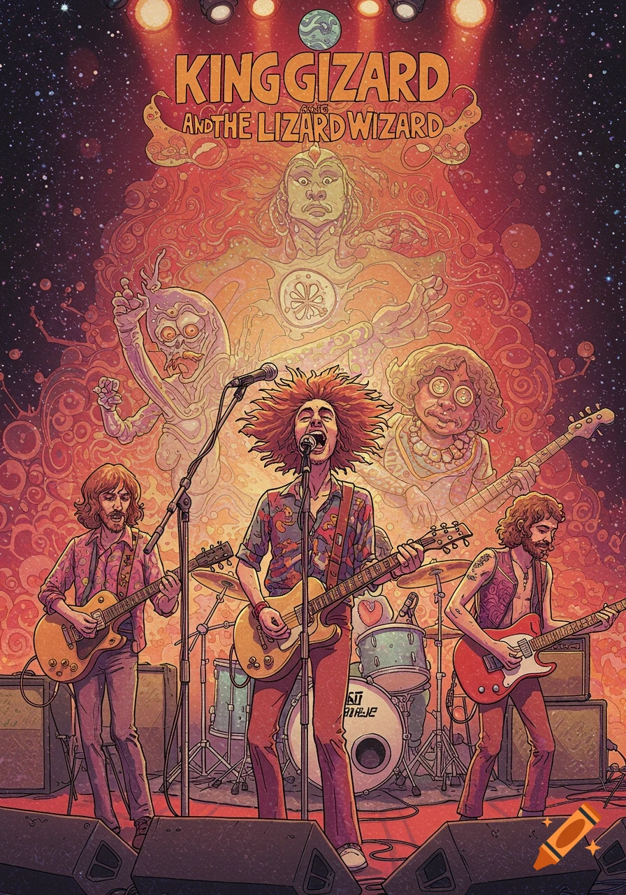 Psychedelic illustration of a band playing on stage with cosmic and ethereal background elements.