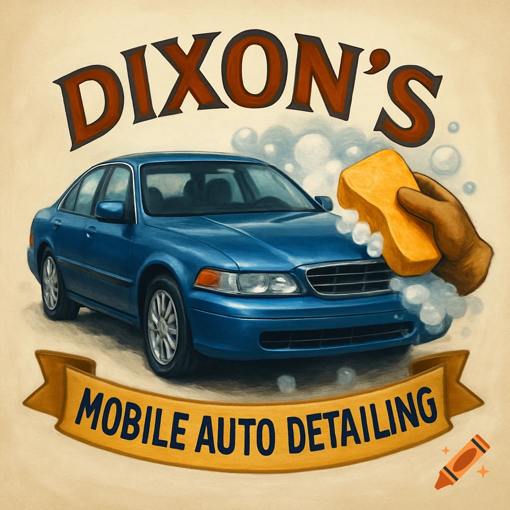 Logo for Dixon's Mobile Auto Detailing featuring a blue car being washed with a sponge.