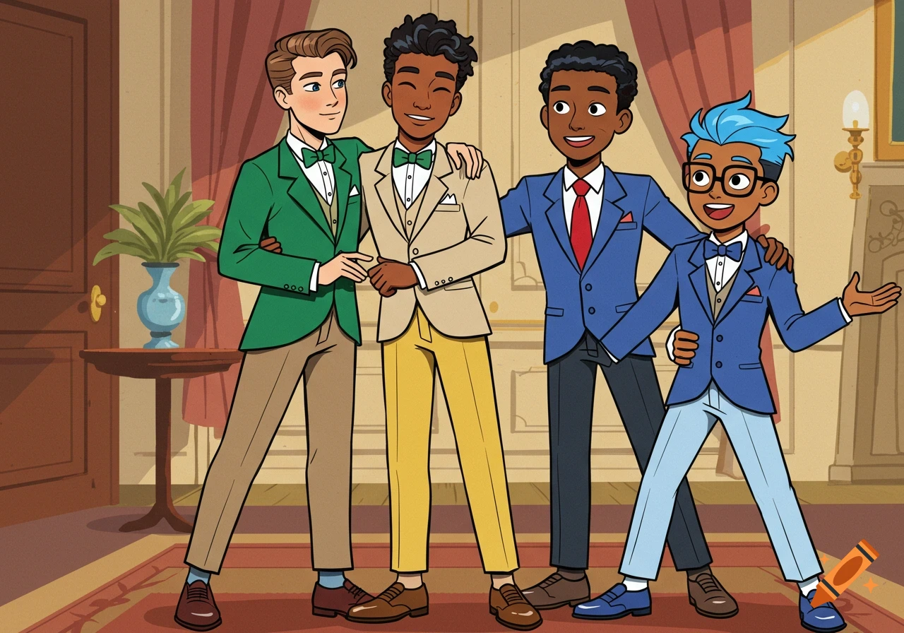 Four teenage boys in colorful tuxedos stand together in an elegant animated room.