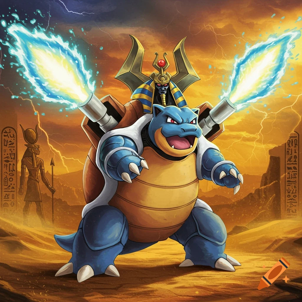 Blastoise Pokemon character wearing ancient Egyptian pharaoh headdress armor stands in a stormy desert with hieroglyph pillars