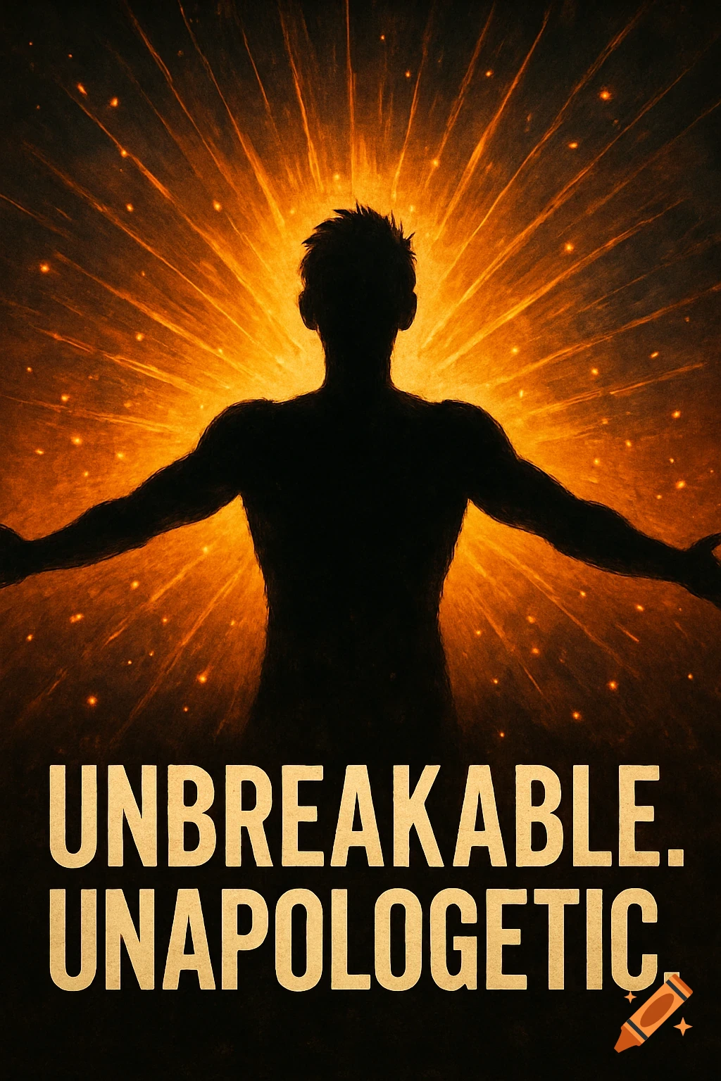 Silhouette of a person radiating light with motivational text "UNBREAKABLE. UNAPOLOGETIC.".