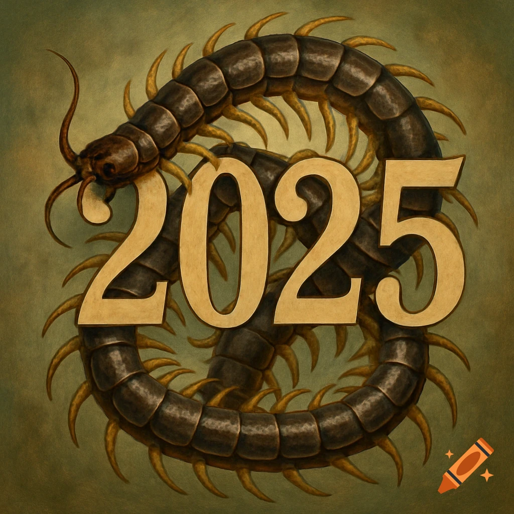An illustration of a centipede wrapping around the number 2025.