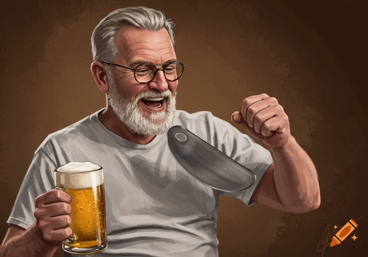 Illustration of a laughing older man with a beard and glasses holding a beer and a dark object.
