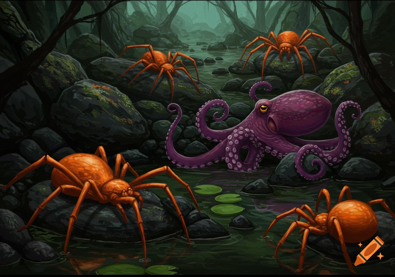 Illustration of large orange spiders and a purple octopus in a dark swamp.