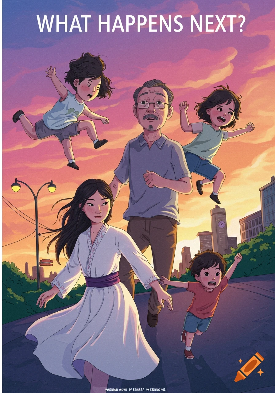 Stylized illustration of a family (father, mother, three children) running/jumping joyfully with a city and sunset background. Text: WHAT HAPPENS NEXT?